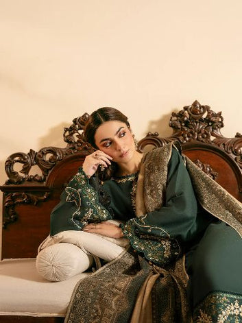 IZEL-3PC lawn EMBROIDERED SHIRT WITH COURTRAI voil Lawn PRINT SHAWL AND TROUSER-BIC-4394